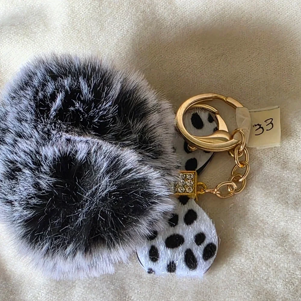 Faux Fur Pom Pom Keychain Dalmatian Print Bow Gold Bag Charm Grey Black Spotted